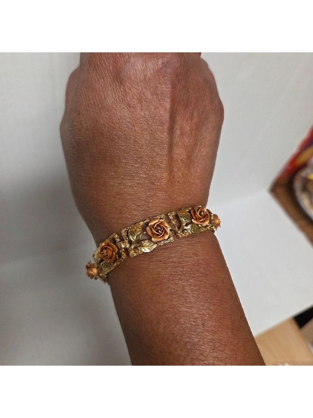 Vintage Gold with Rose-Gold Rose Motif Panels Bracelet